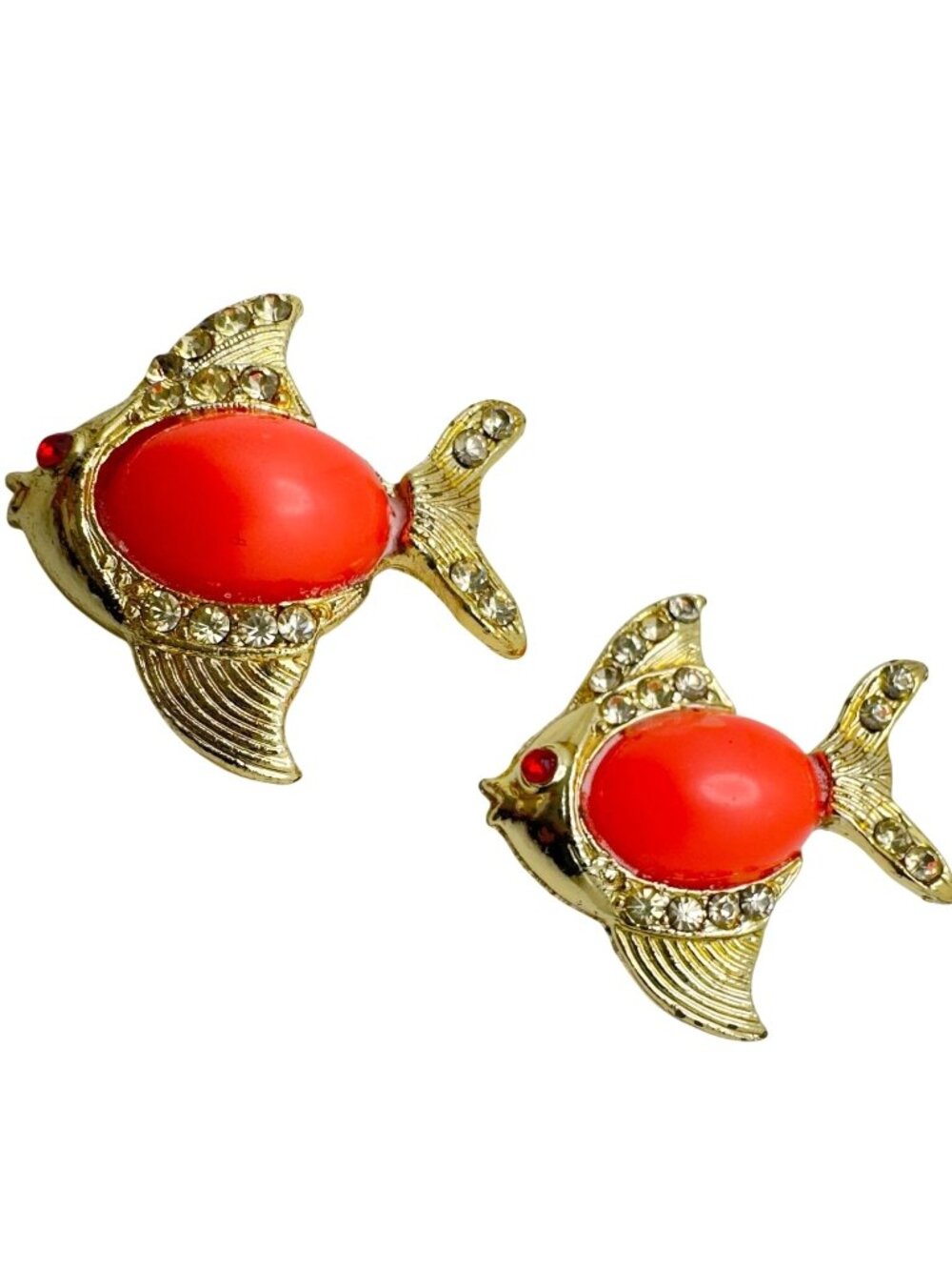 Vtg Goldtone Jelly Belly Coral Lucite Rhinestone Fish Pin Brooches Set Of 2